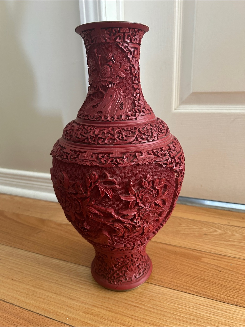 Red Cinnabar 15” Antique Carved Floral Decorative Vase